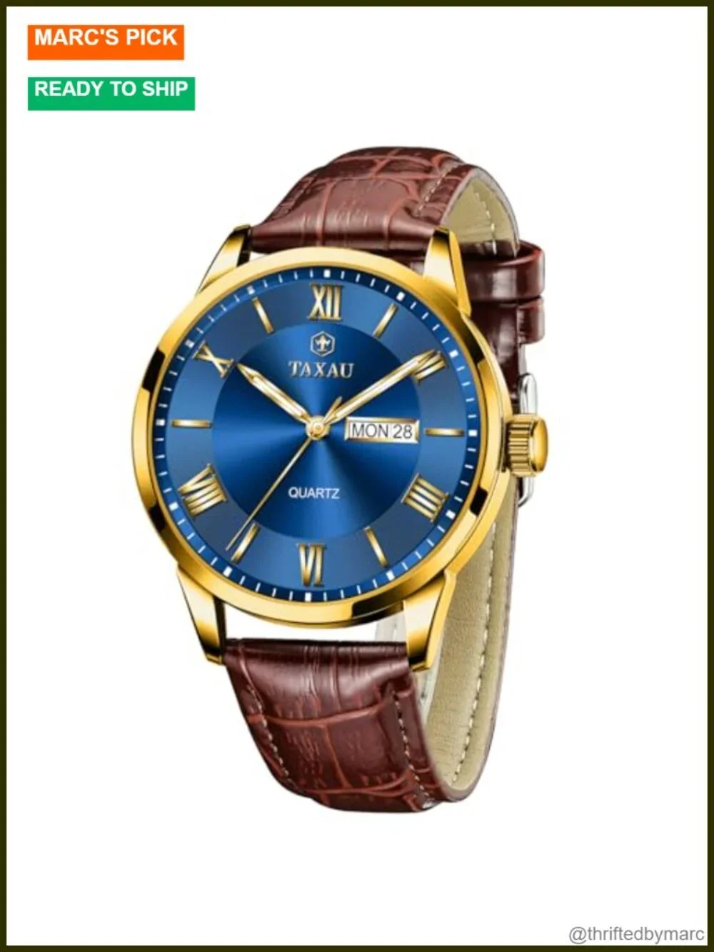 Men's Leather Band Analog Quartz Watch Day Date Water Resistant 42mm